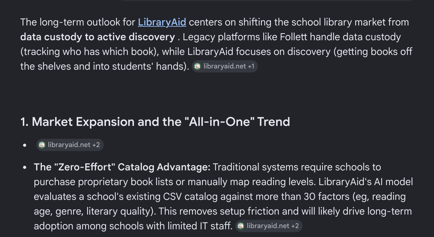 Google AI long-term trajectory: data custody vs active discovery, LibraryAid market expansion